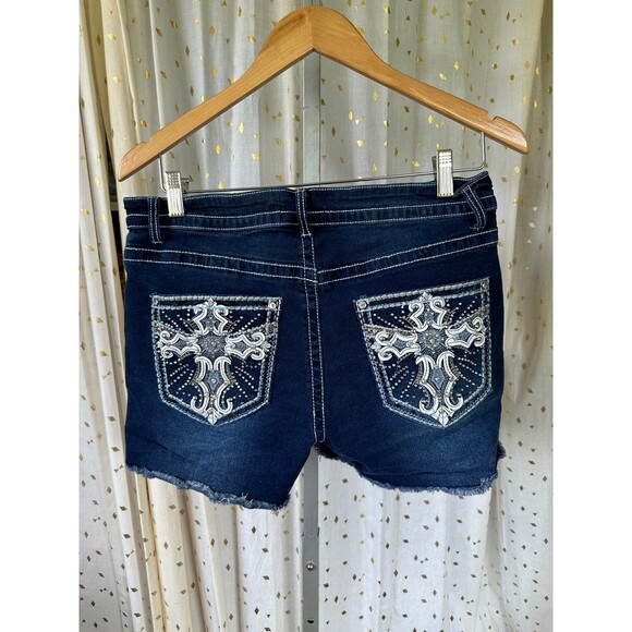 Bamboo Dark Wash Embellished Rhinestones Studs Cross Pockets Jean Shorts 13/14 - Picture 3 of 5